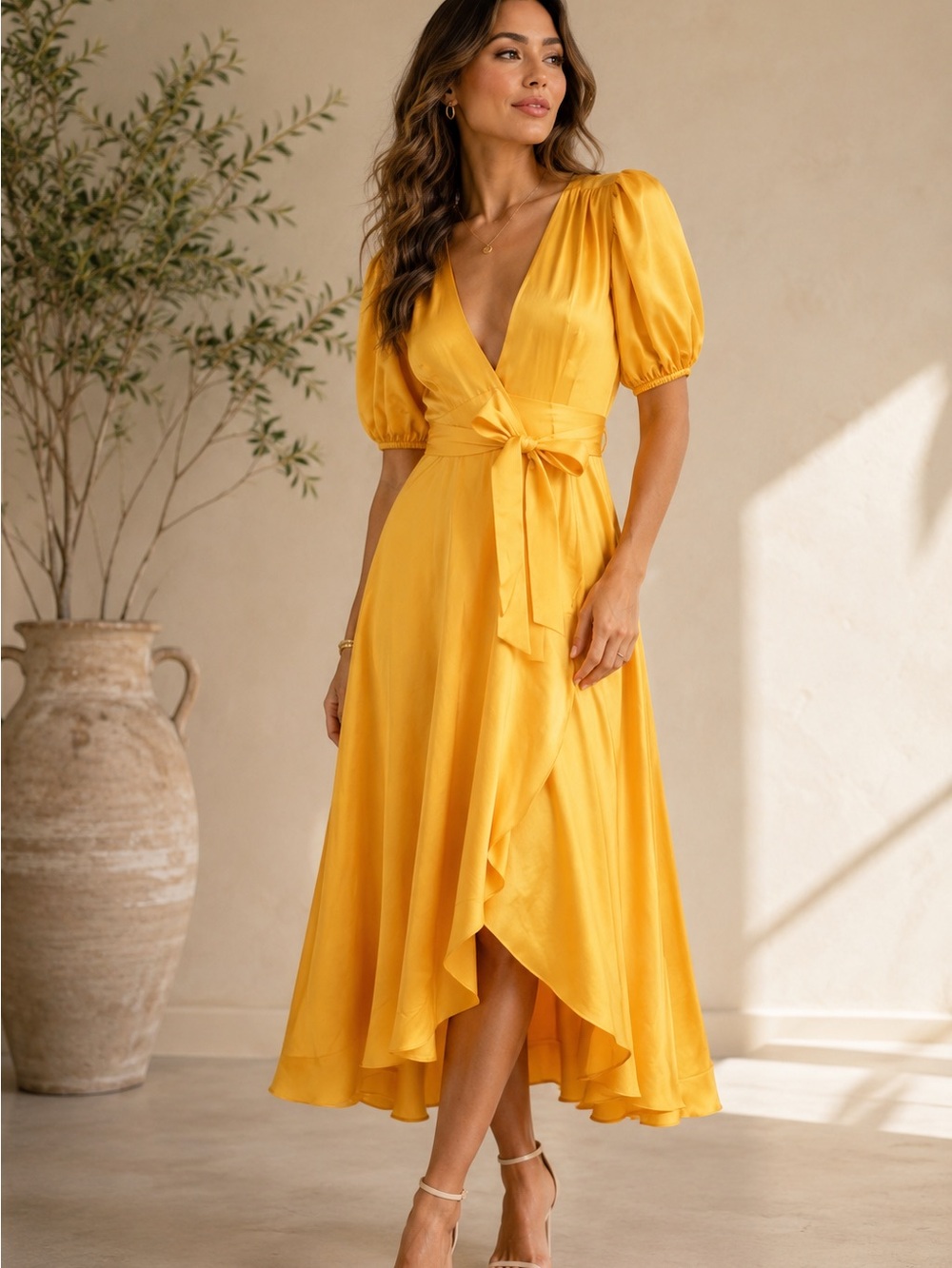 NWT Azeeza Florence Raw Silk Wrap Midi Dress Honey Yellow Puff Sleeve Sz XS